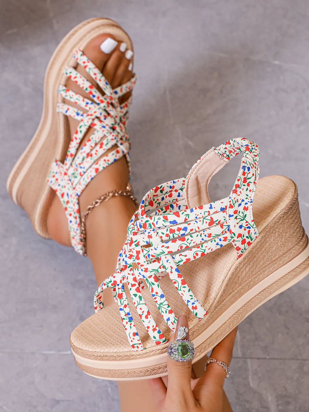 Open Toe Floral Print Strappy Platform Wedge Sandals