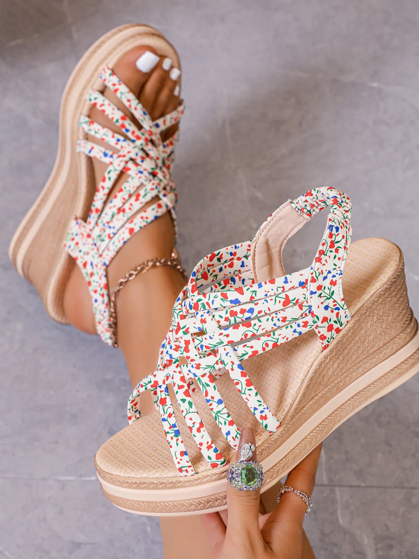 Open Toe Floral Print Strappy Platform Wedge Sandals