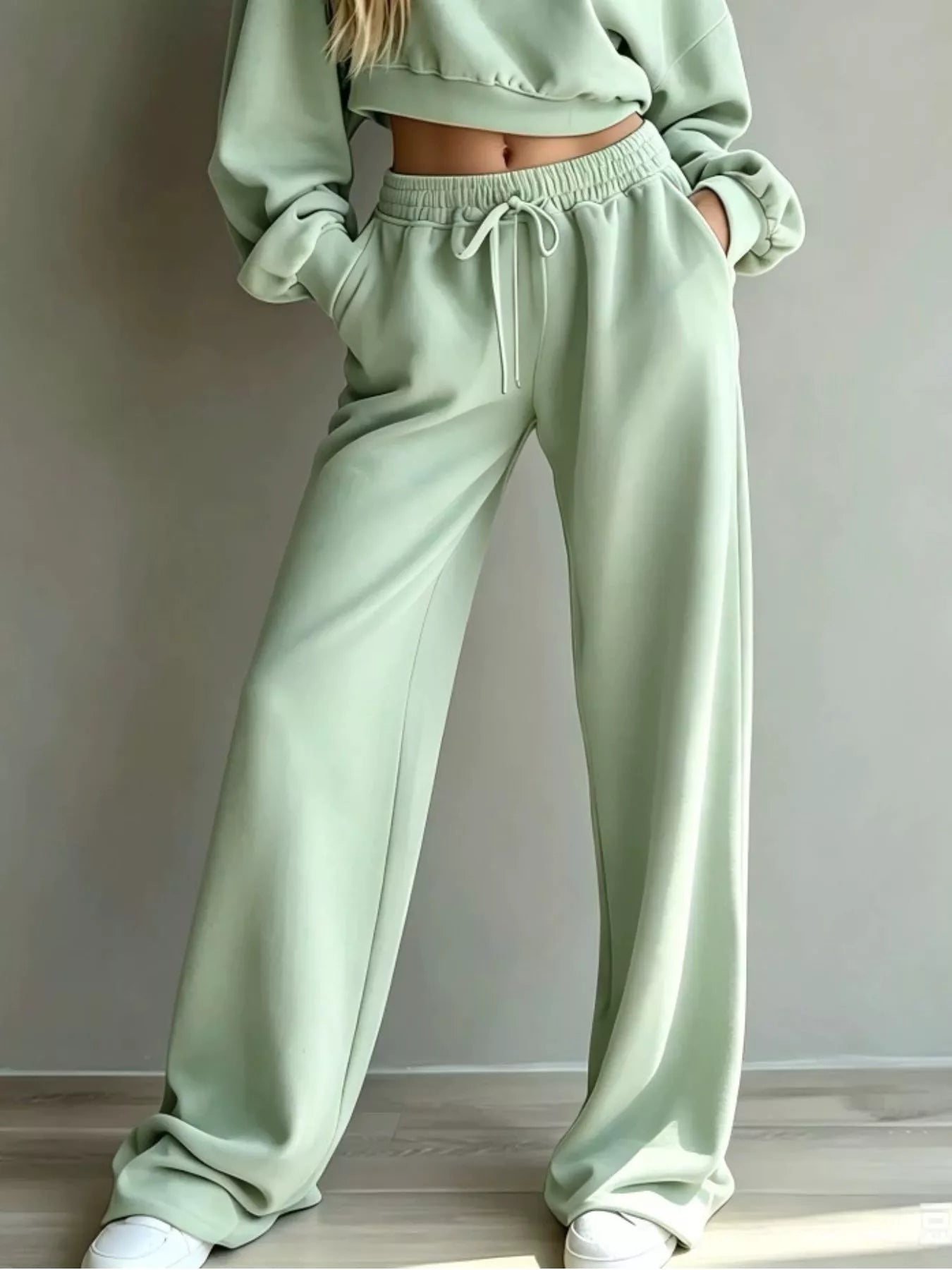 Round Neck Cropped Sweatshirt and Wide-Leg Pants Set