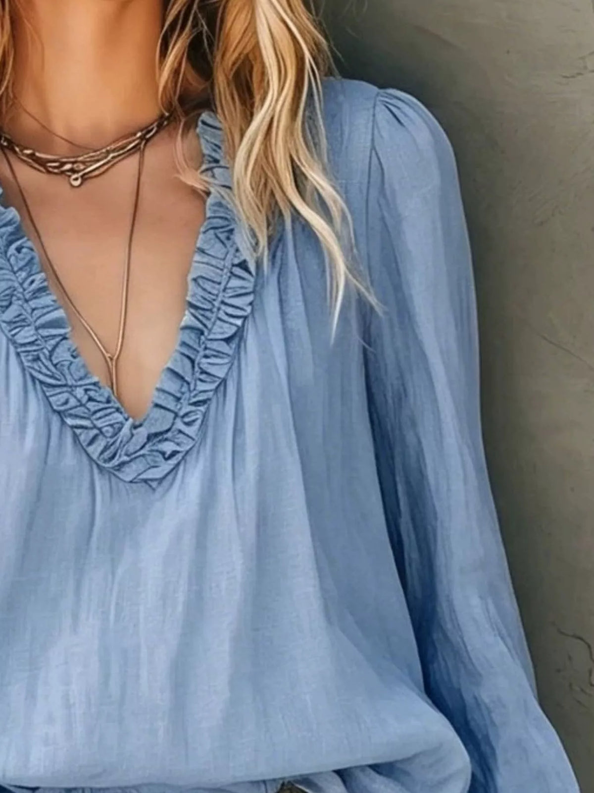 Frill V-Neck Long Sleeve Blouse