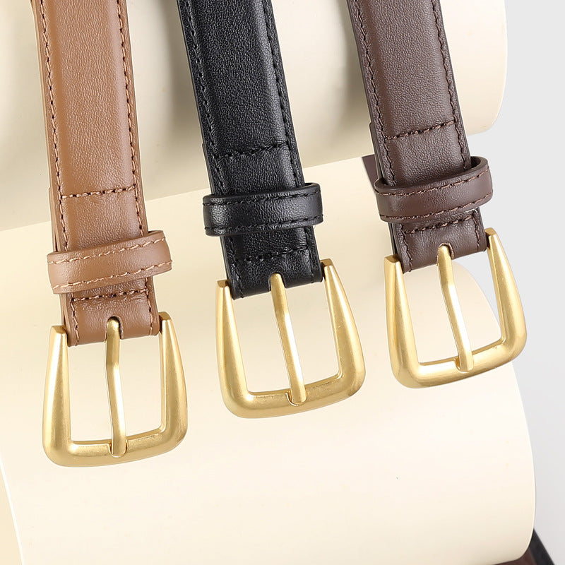 Skinny Leather Belt with Golden Buckle