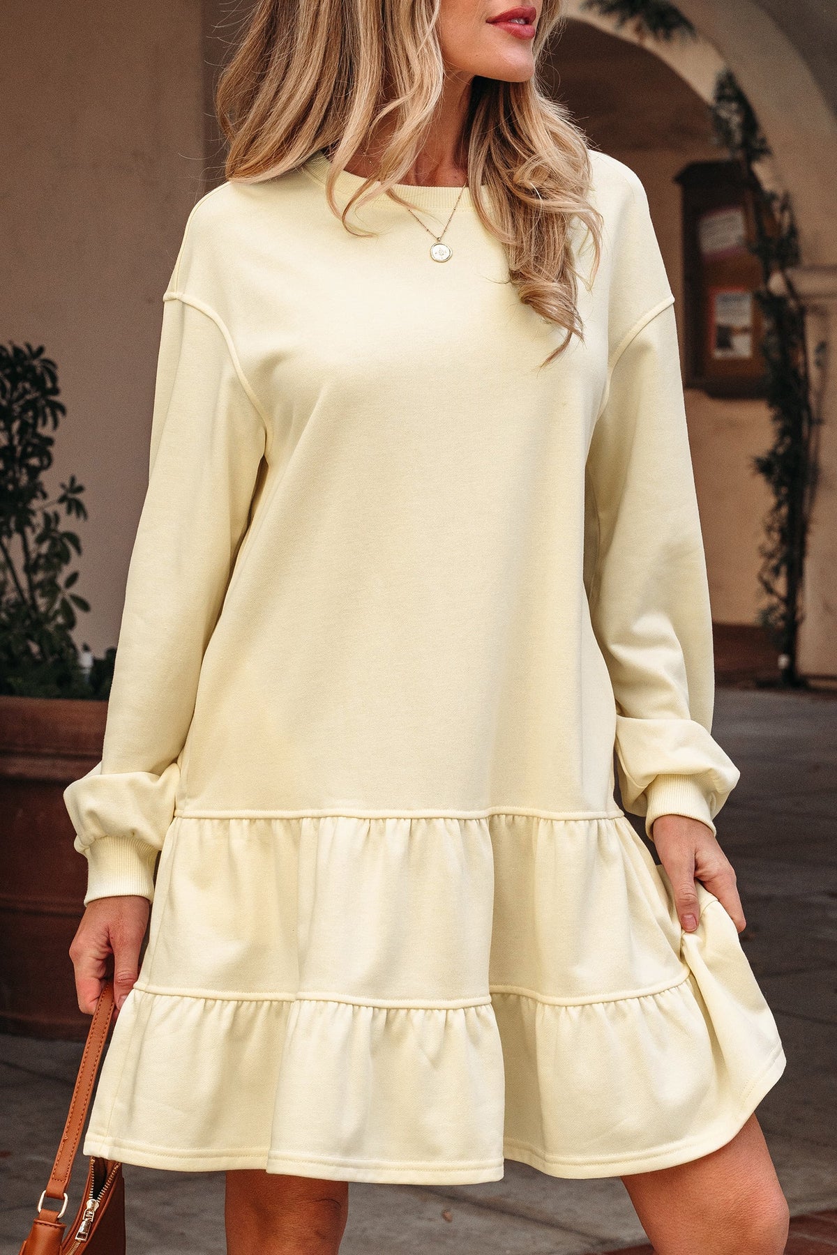 Solid Tiered Ruffle Hem Long Sleeve Dress