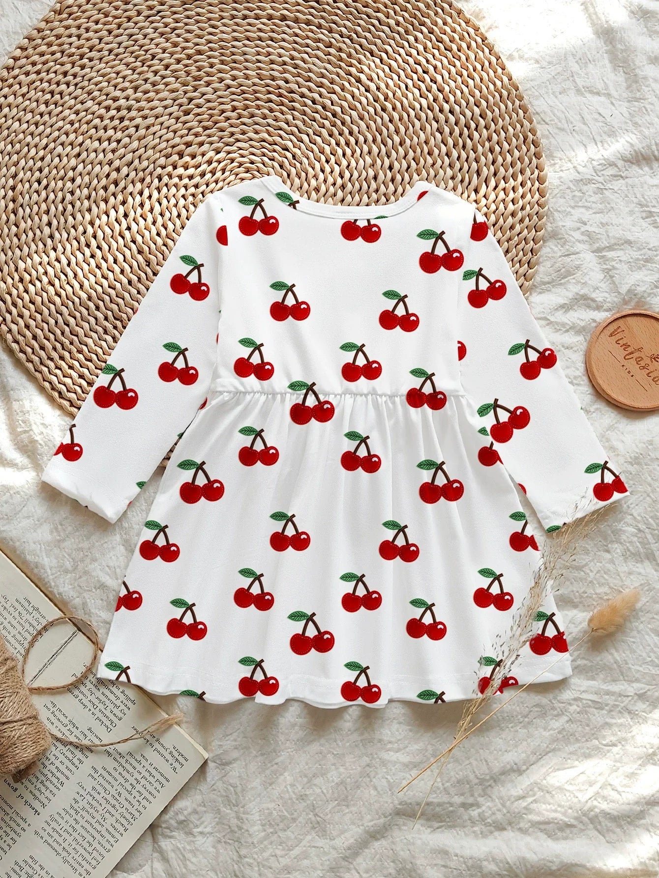 Children's Cherry Print Long Sleeve Casual Dress