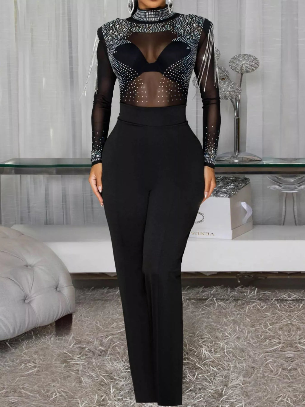 Rhinestone Embellished Mesh Long Sleeve Jumpsuit