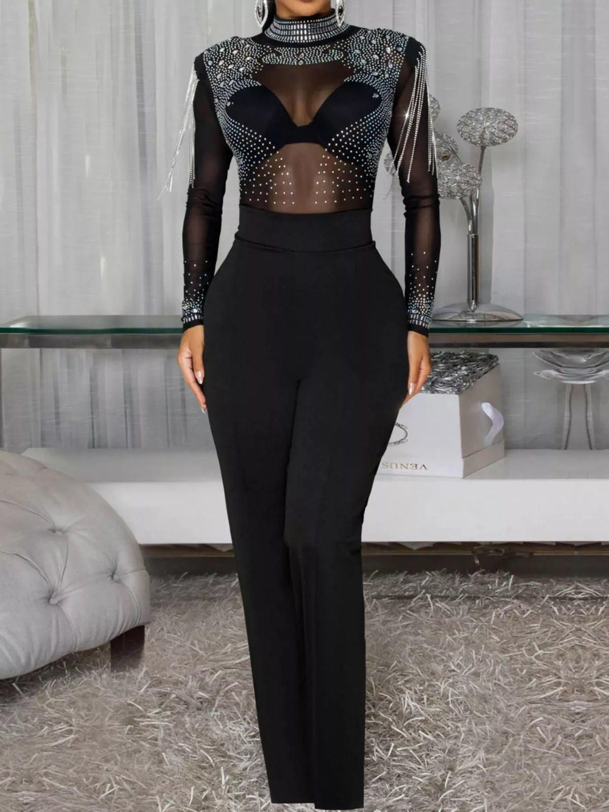Rhinestone Embellished Mesh Long Sleeve Jumpsuit