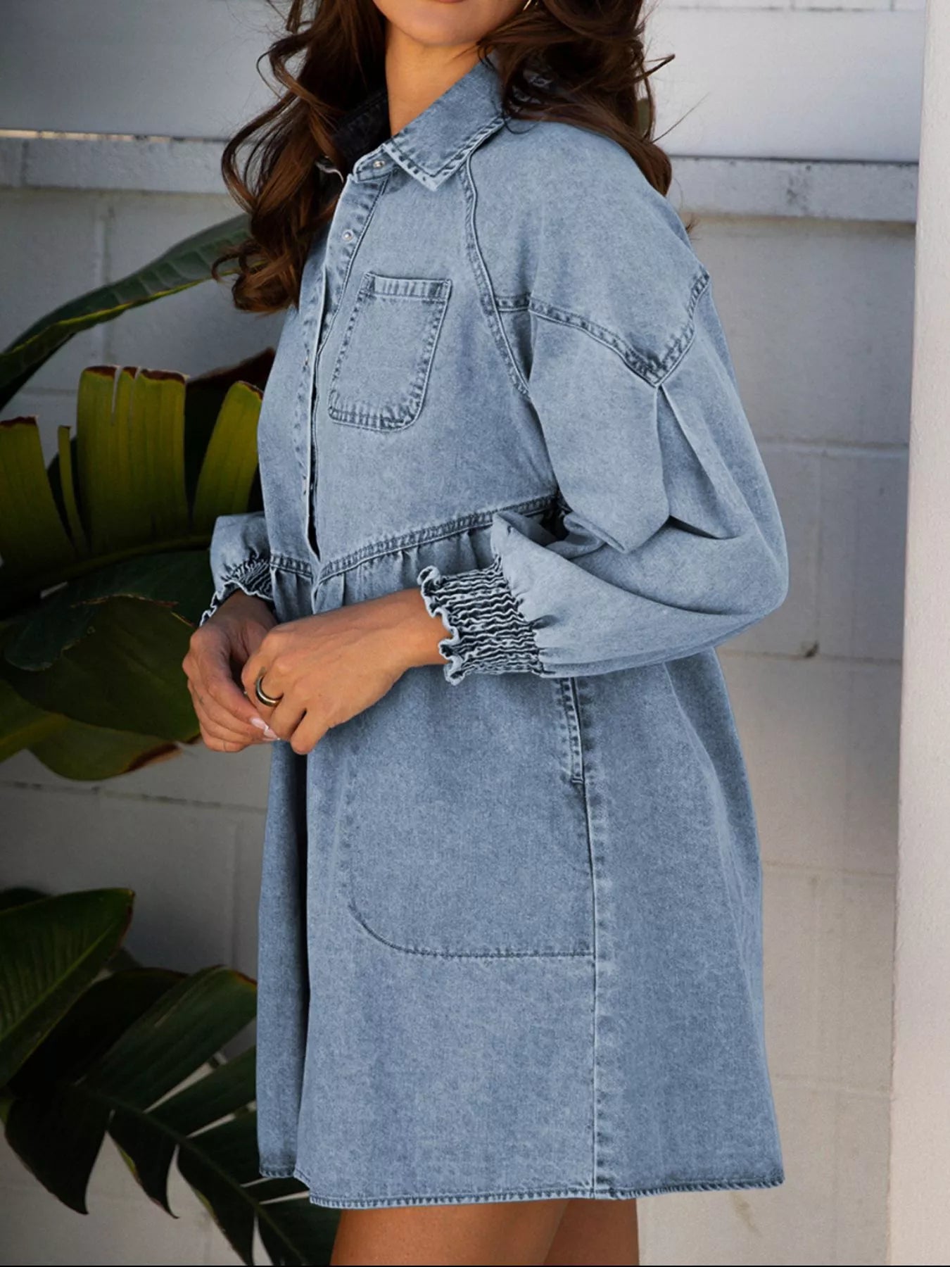 Smocked Cuffs Flared Denim Shirt Mini Dress