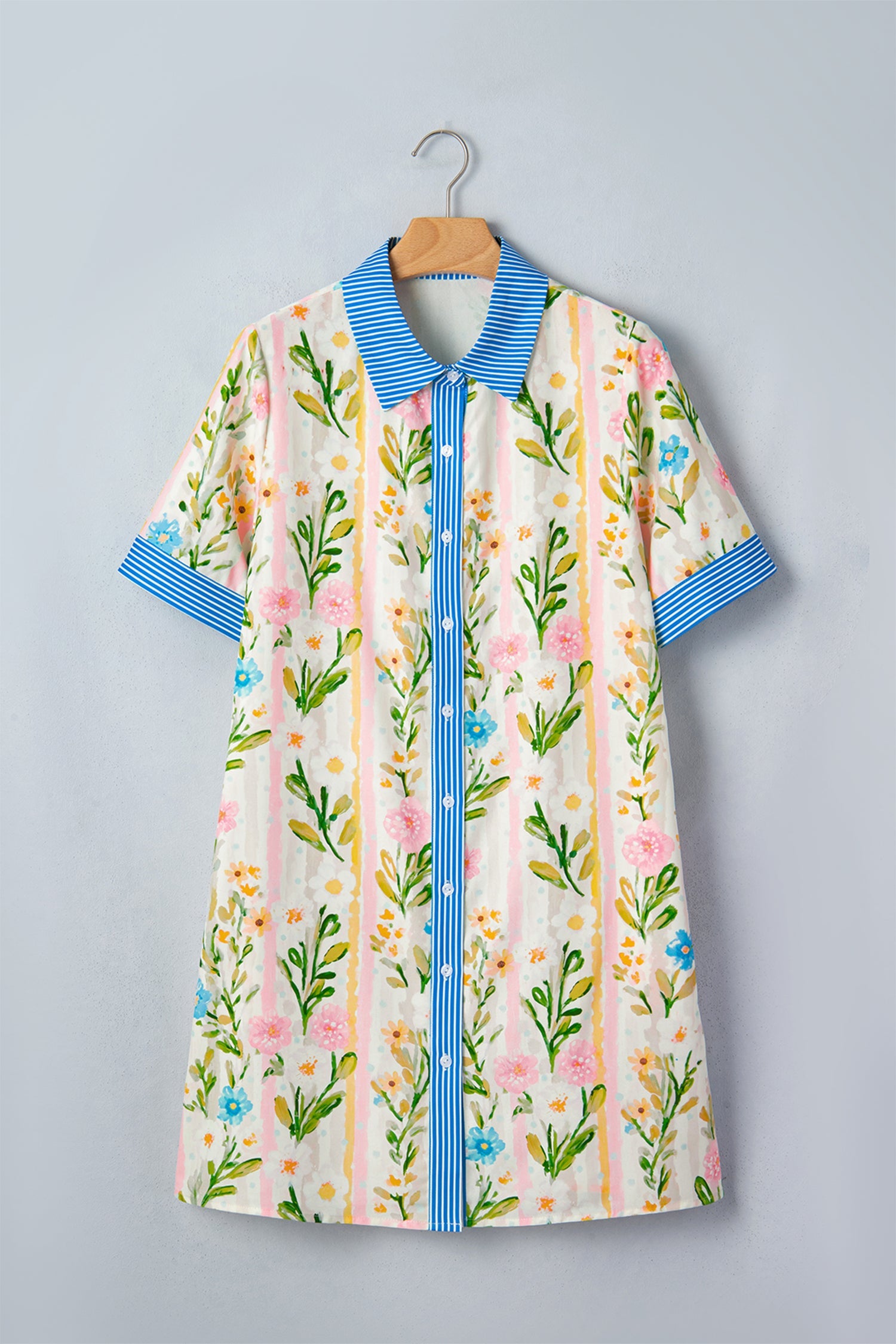 Multicolour Floral Print Striped Trim Button Down Shift Dress