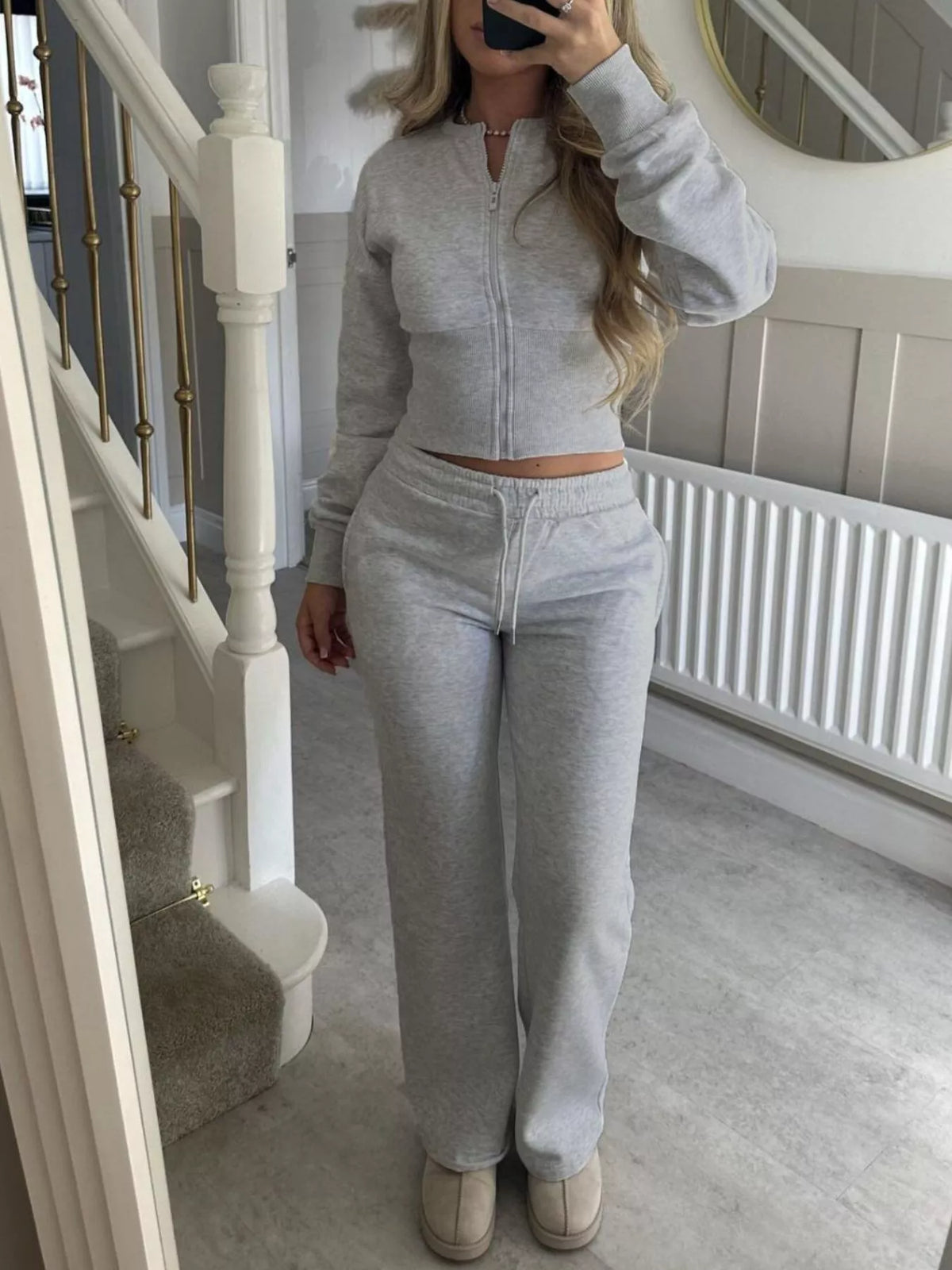 Zip-Up Crop Hoodie and High-Waisted Pants Set