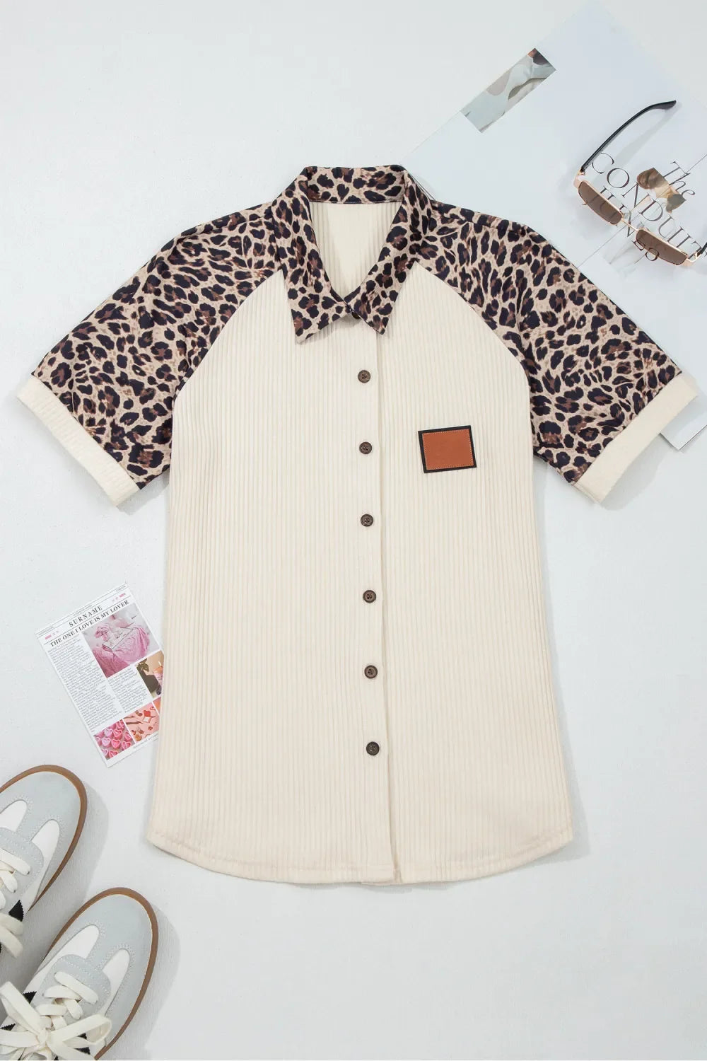 Leopard Patchwork Ribbed Button Down Shirt