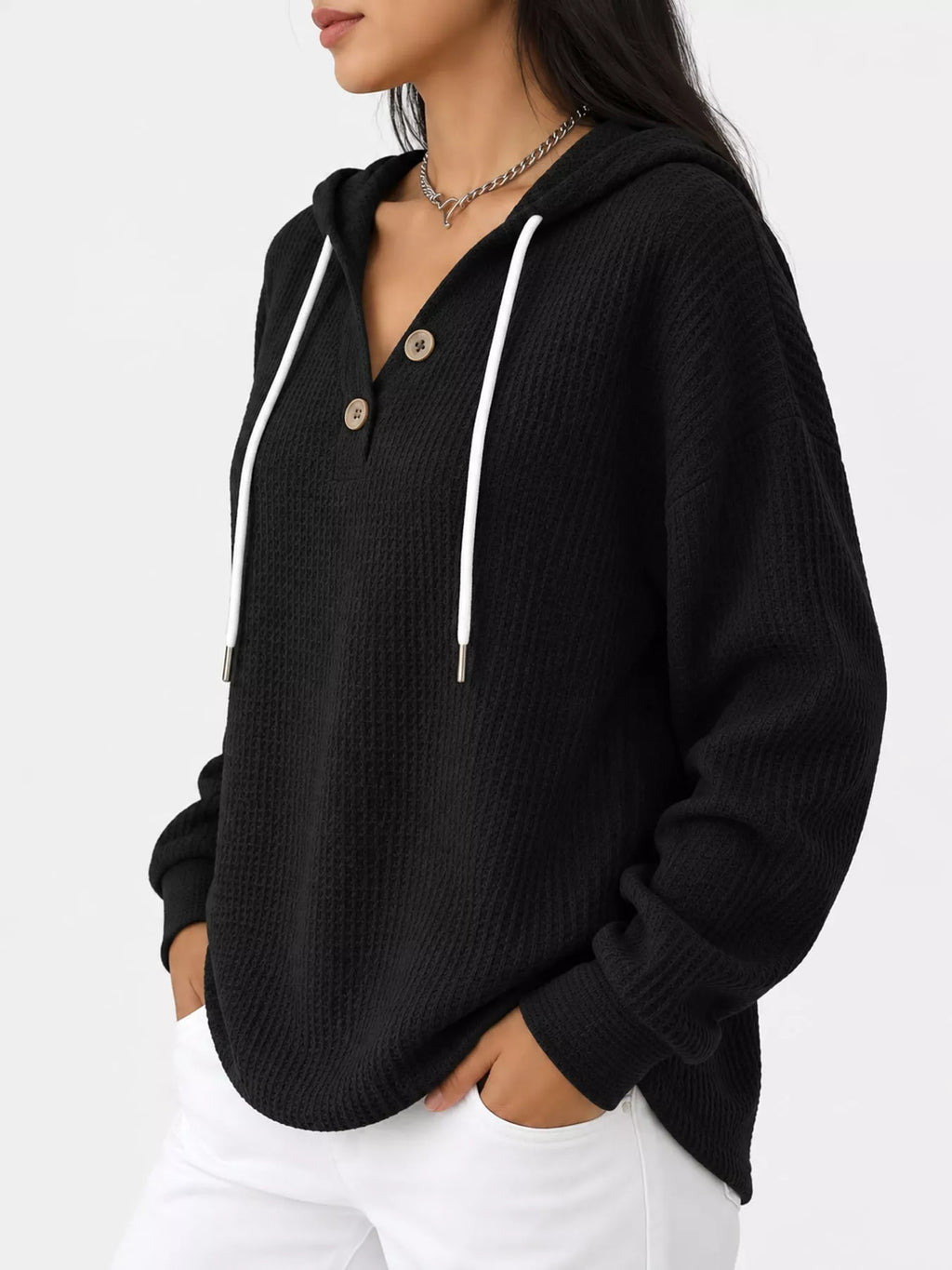 Full Size Waffle Knit Button Detail Hoodie Plus Size