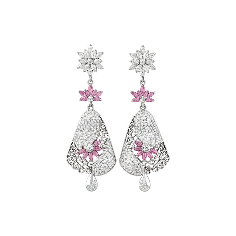 Women Long Dangle Multi Layer Flower Rhinestone Earrings,Exotic Heavy Craft Hollow Filigree Pink Crystal Drop Statement Jewelry For Wedding Banquet Party Occasion