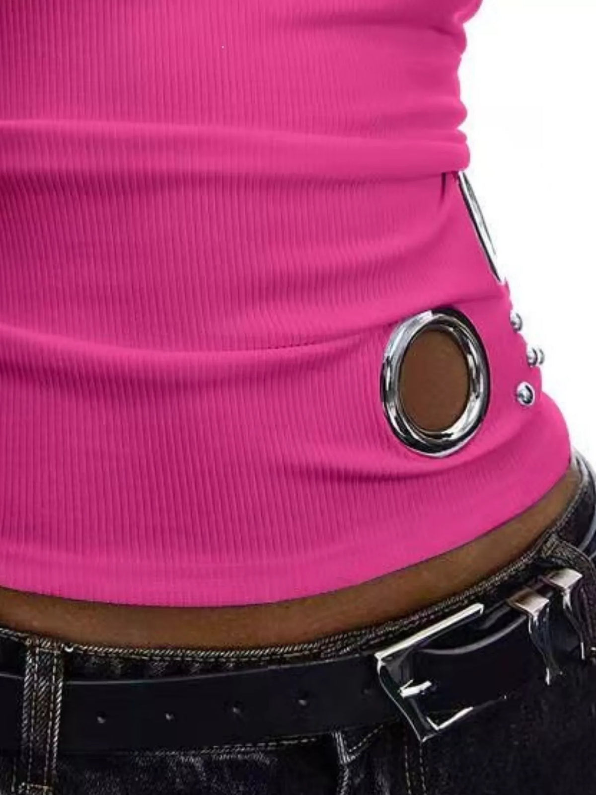 Ribbed Tank Top with Metal Grommet Cutouts and Stud Embellishments