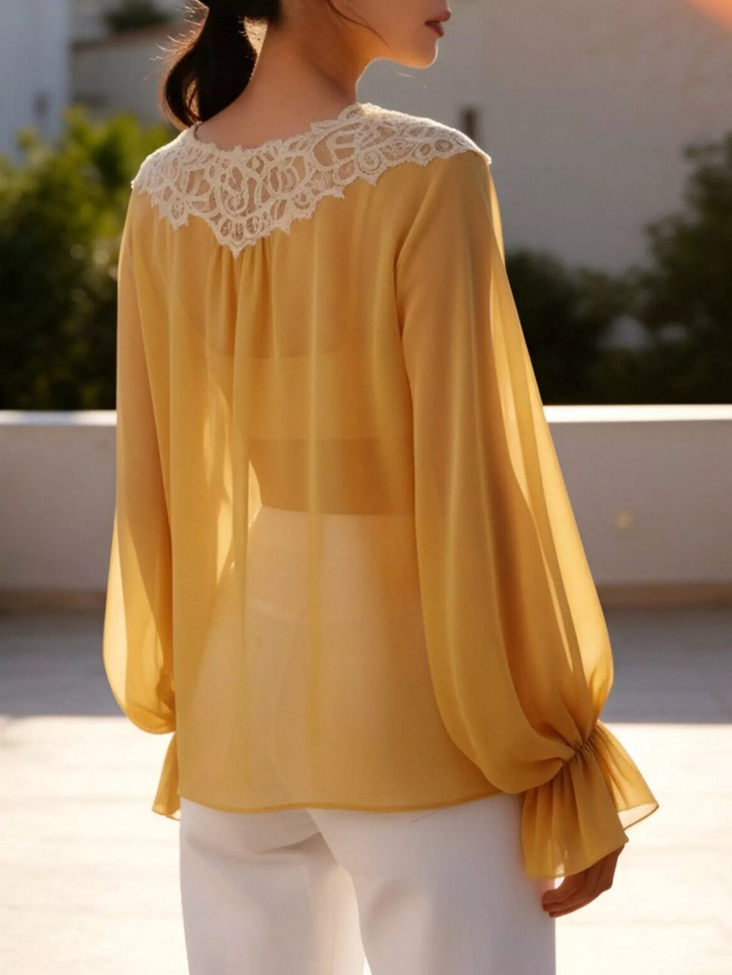 Sheer Lace-Trimmed Front Tie Blouse