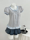 Plaid Ruffle Trim Puff Sleeve Blouse