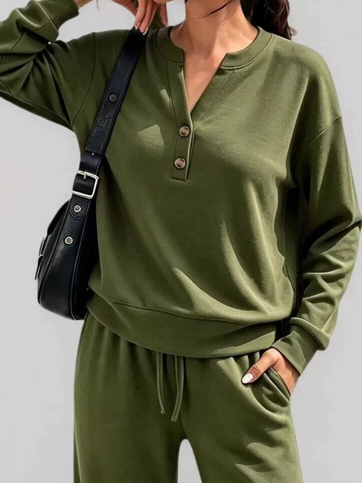 Button Detail Dropped Shoulder Top and Pants Set