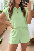 Light Green Loose Polo Tee Elastic Waist 2pcs Short Set