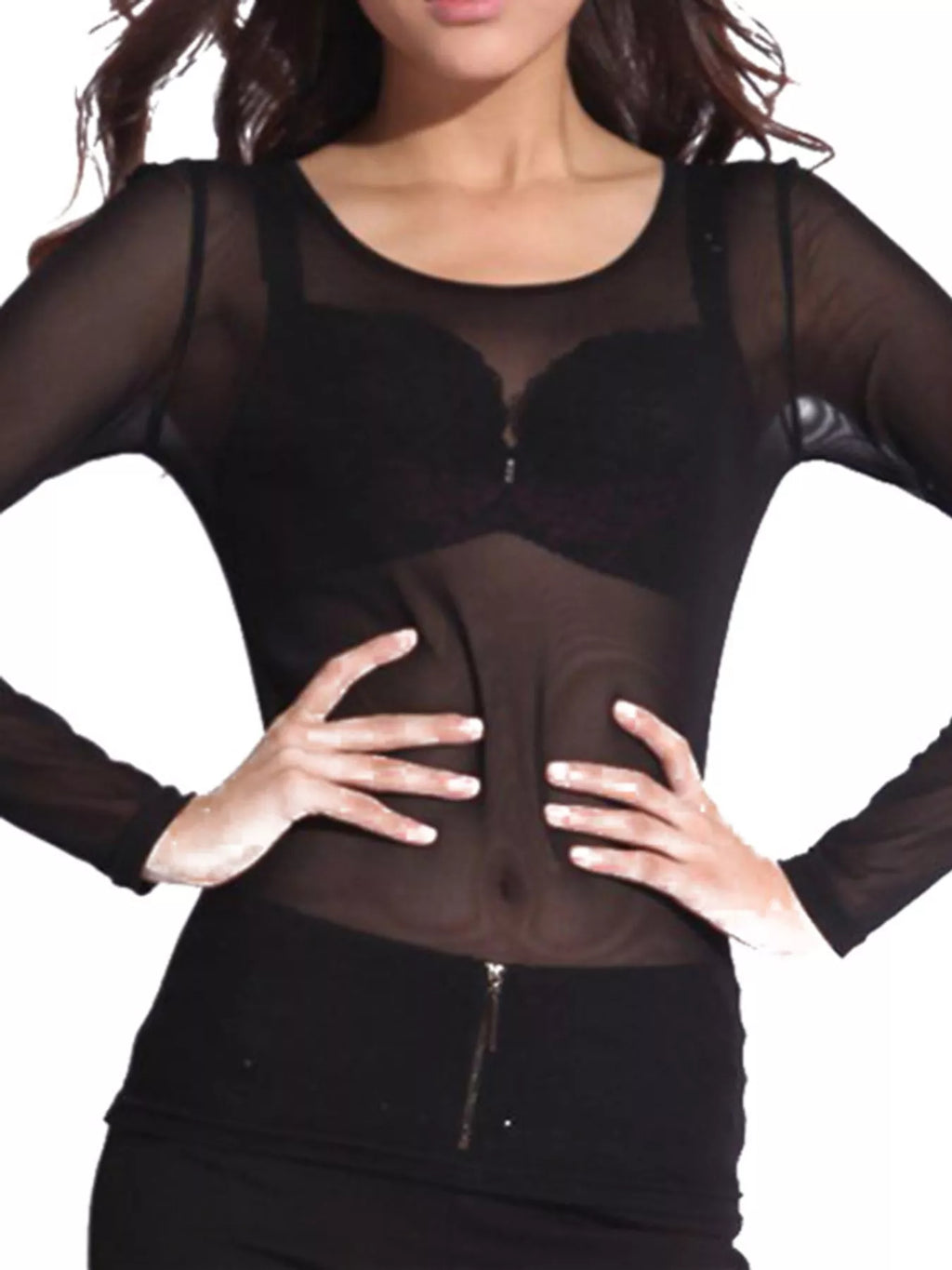 Full Size Sheer Mesh Long Sleeve Top Plus Size