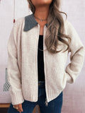 Contrast Collar Zip-Up Cardigan