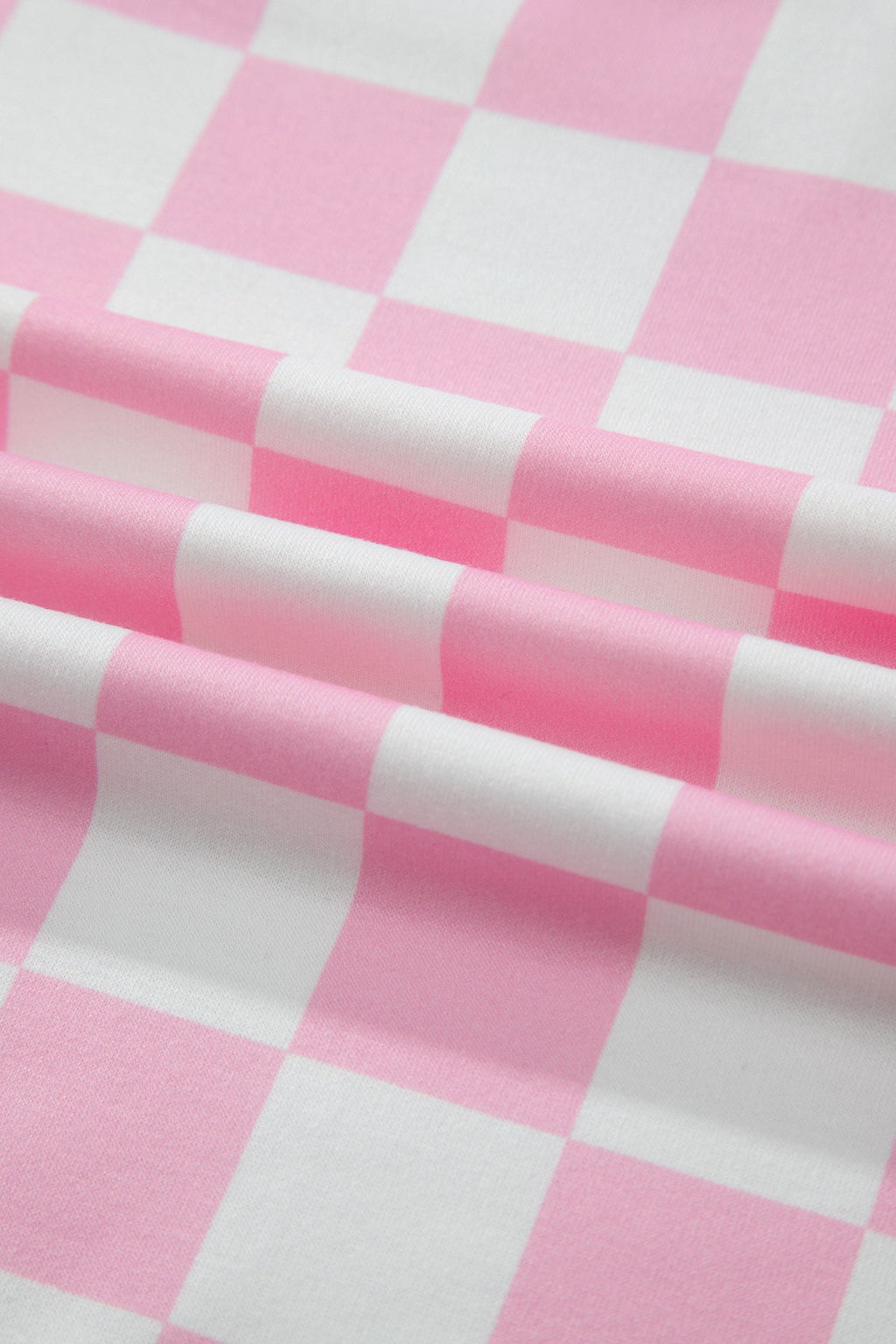 Pink Checkered Print Color Block Trim Mock Neck Short Set