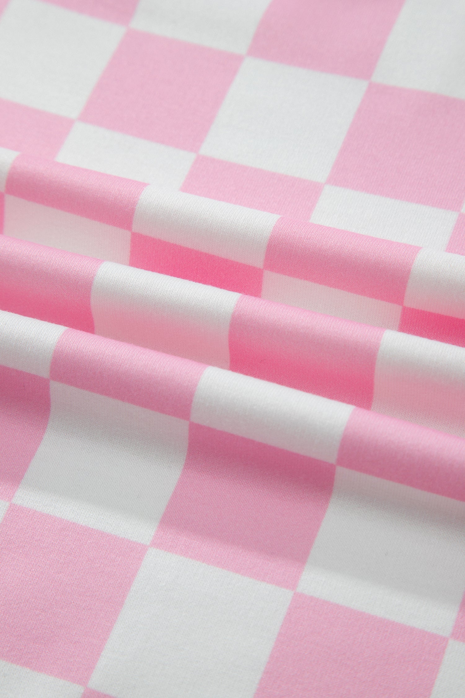 Pink Checkered Print Color Block Trim Mock Neck Short Set