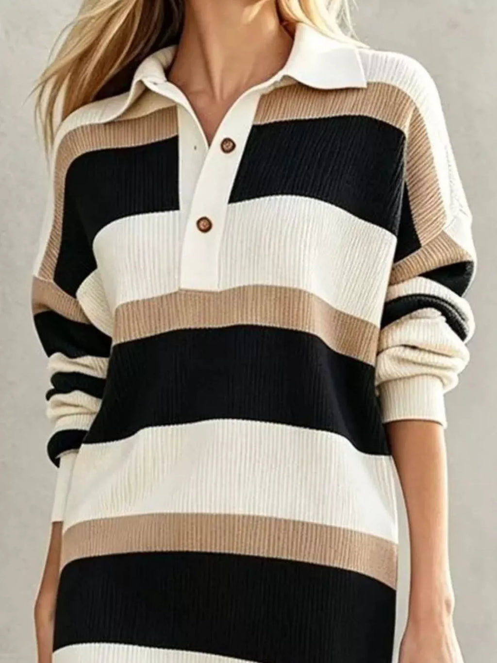 Striped Polo Collar Long Sleeve Sweater Dress