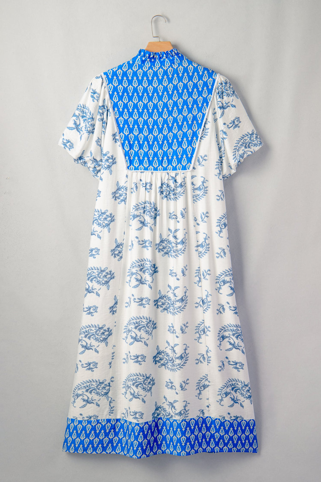 Sky Blue Plus Size Floral Print Contrast Boho Patchwork V Neck Loose Midi Dress