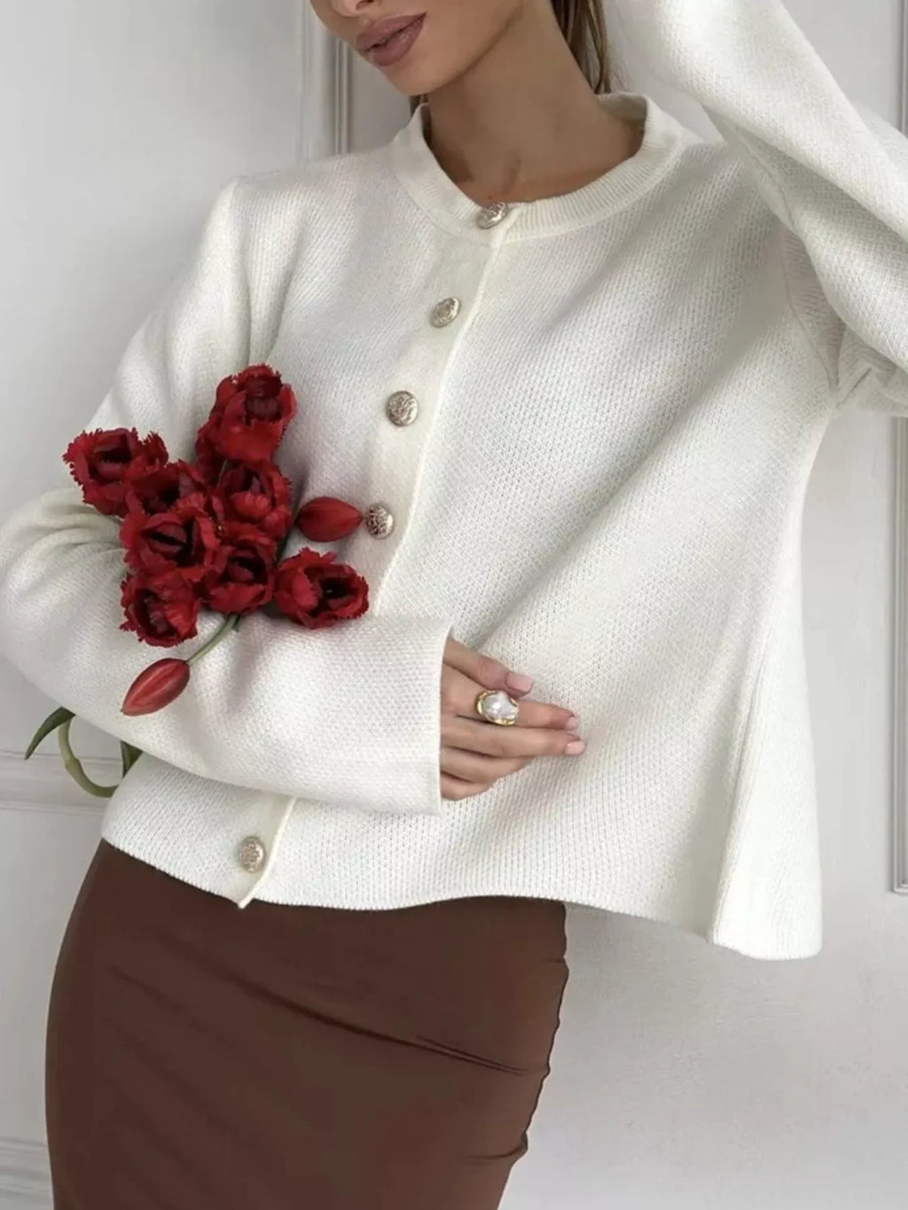 Crew-Neck Button Down Cardigan
