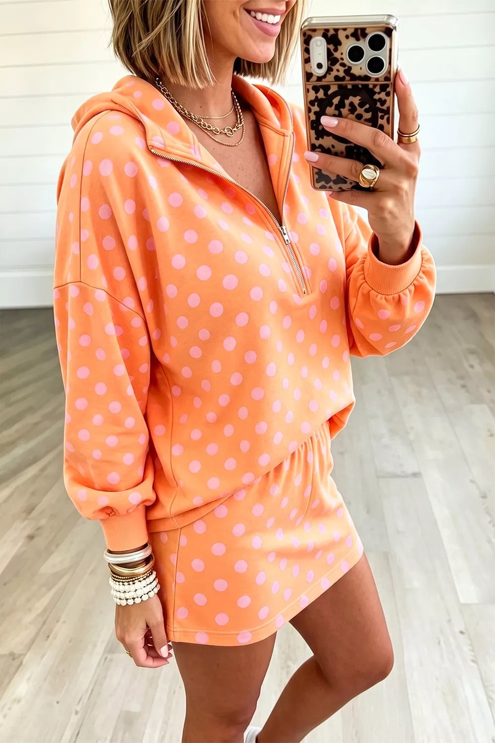 Polka Dot Quarter-Zip Hoodie and Skirt Set