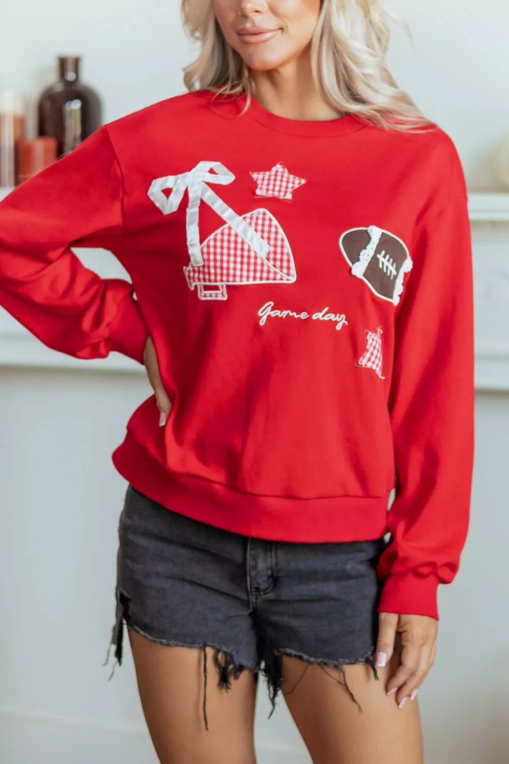 Gingham Patch Embroidered Rugby Game Day Stars Sweatshirt