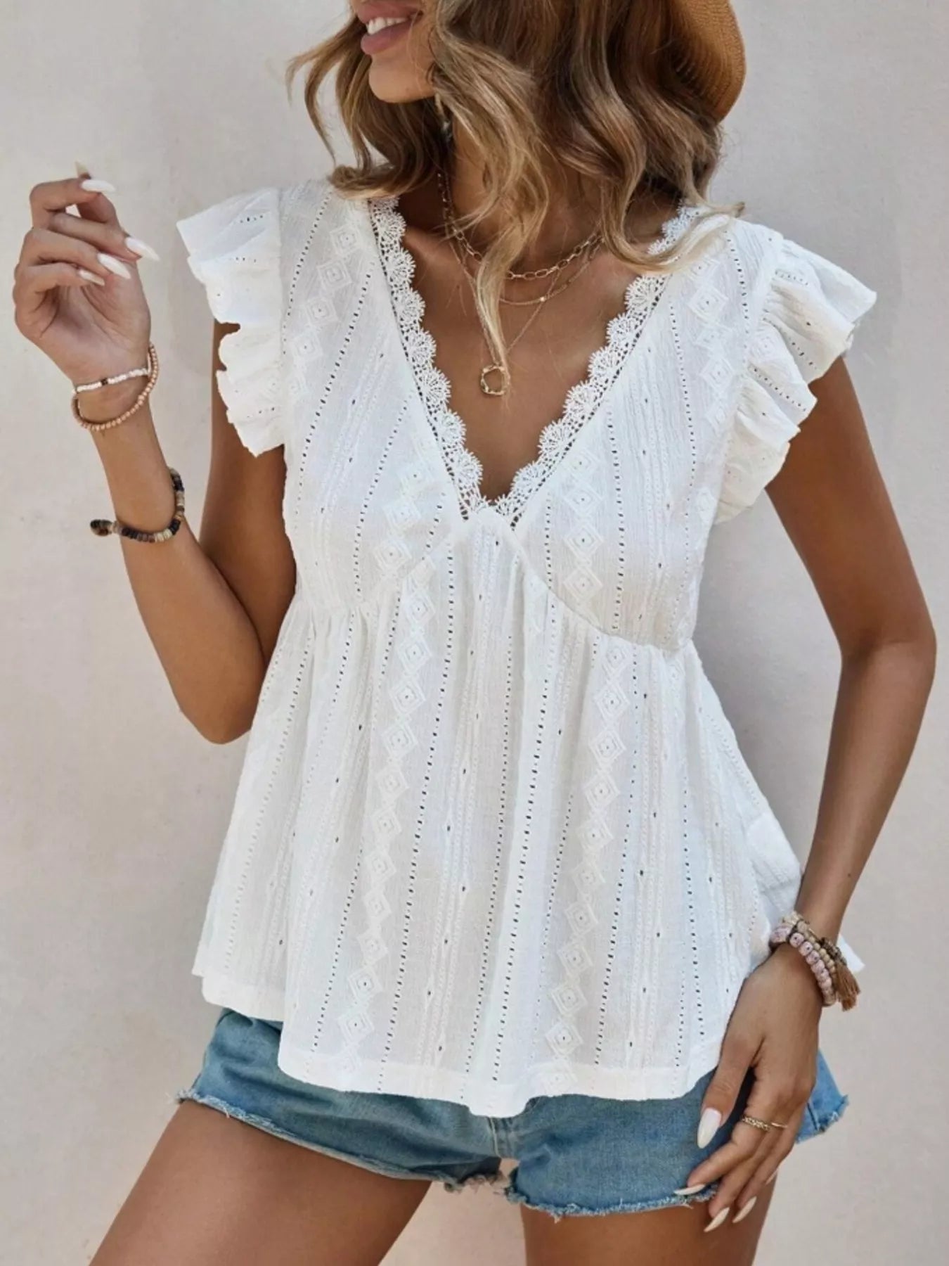 Ruffle Sleeve V-Neck Blouse