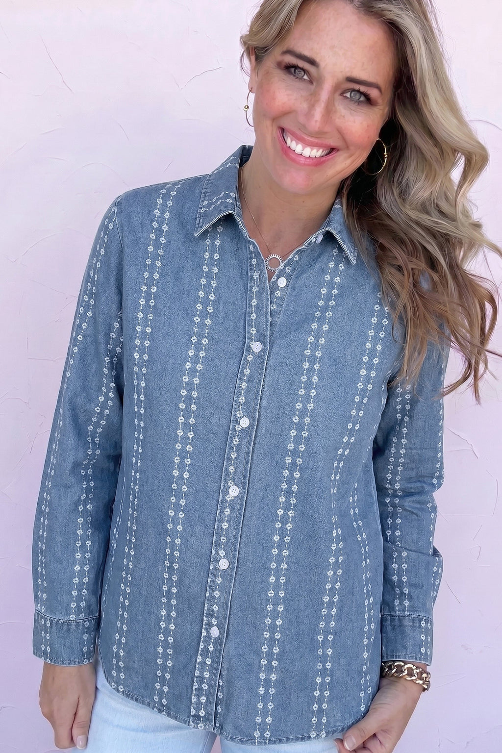 Myosotis Floral Print Button-Down Long Sleeve Denim Shirt
