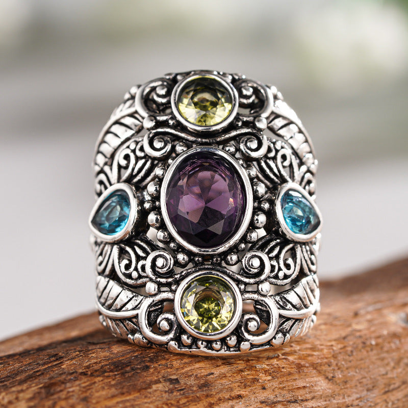 Cao Shi Ethnic Style Vintage Retro Ring For Women, Exaggerated Leaf Texture Jewelry, Popular On Amazon In Europe And America