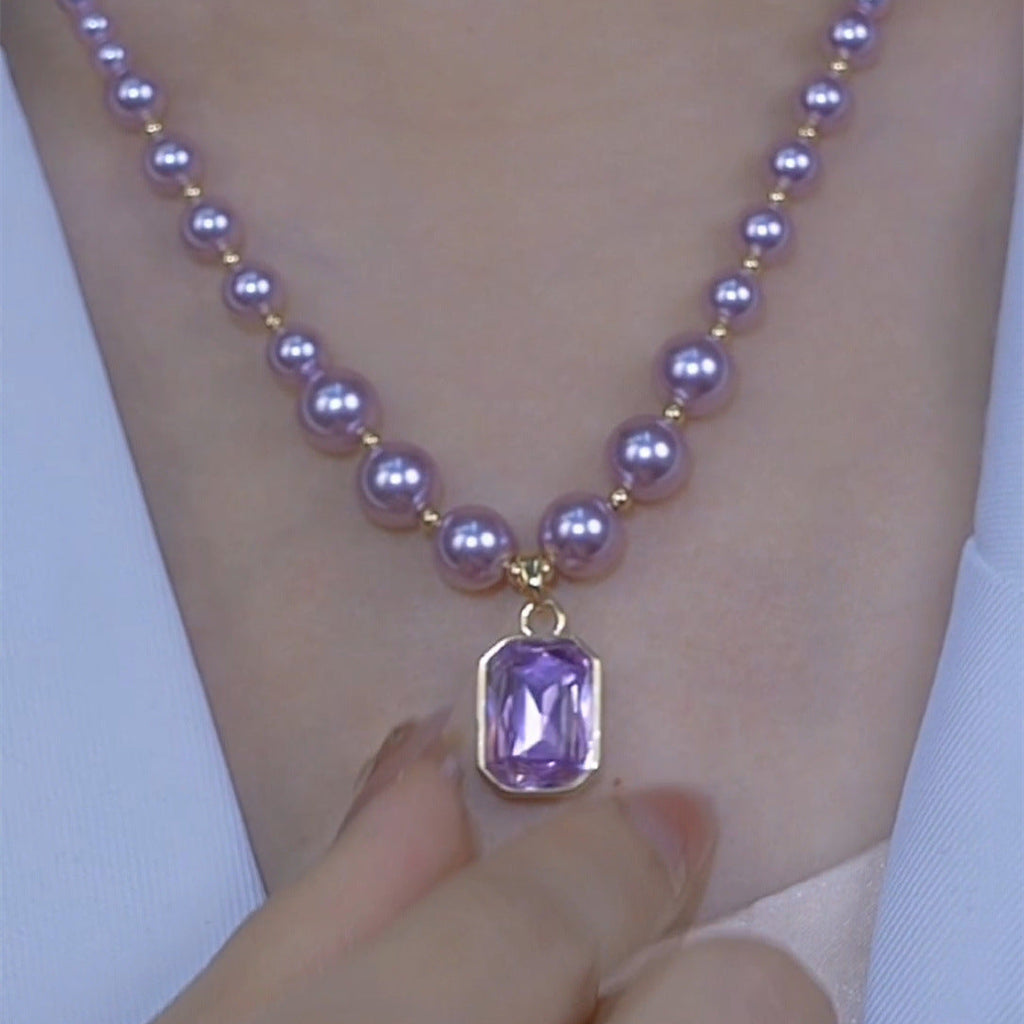 Light-luxury Purple Beaded Square Pendant Sweater Chain