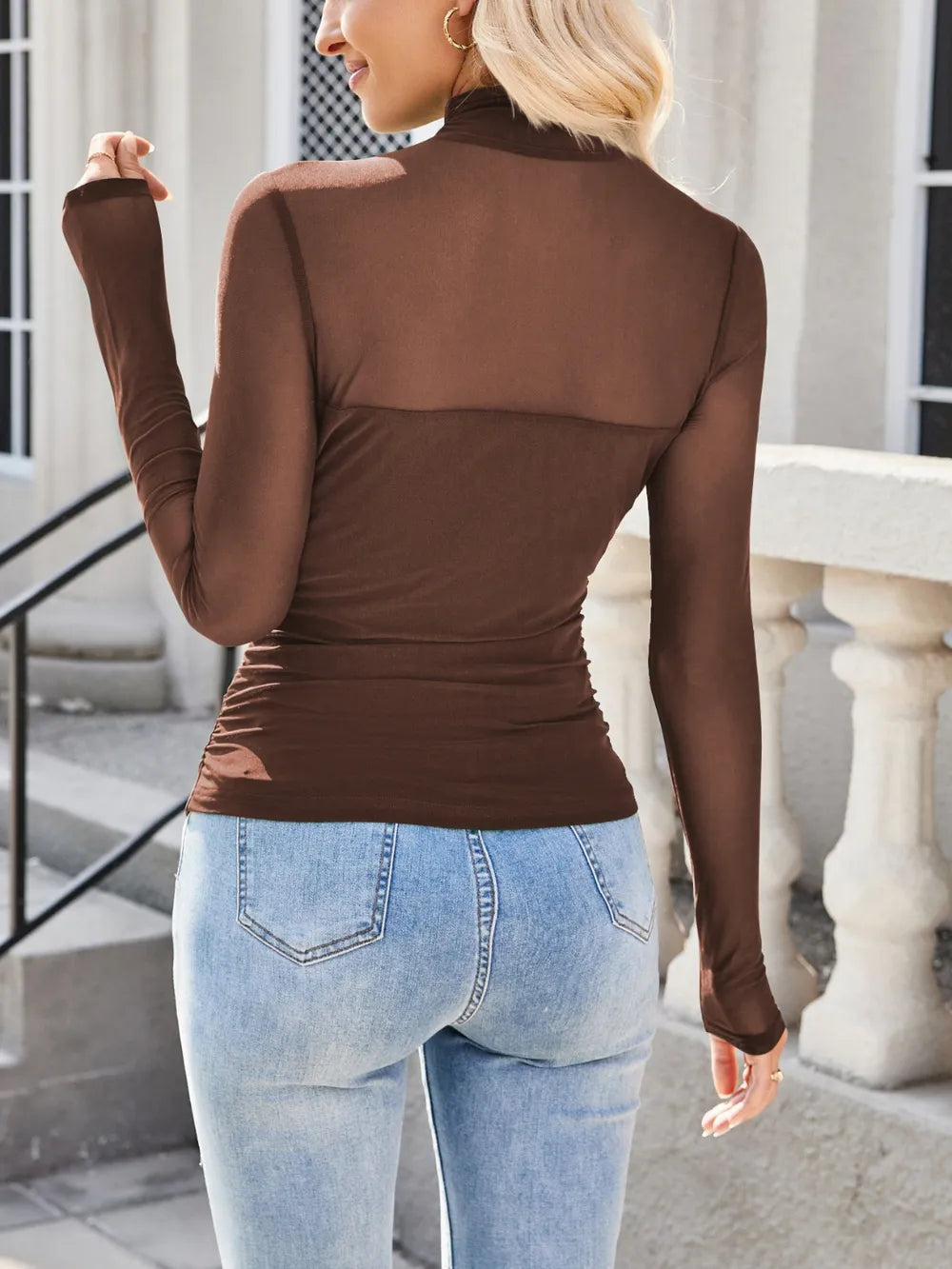 Semi-Sheer Viscose-Blend Mock Neck Long Sleeve Top