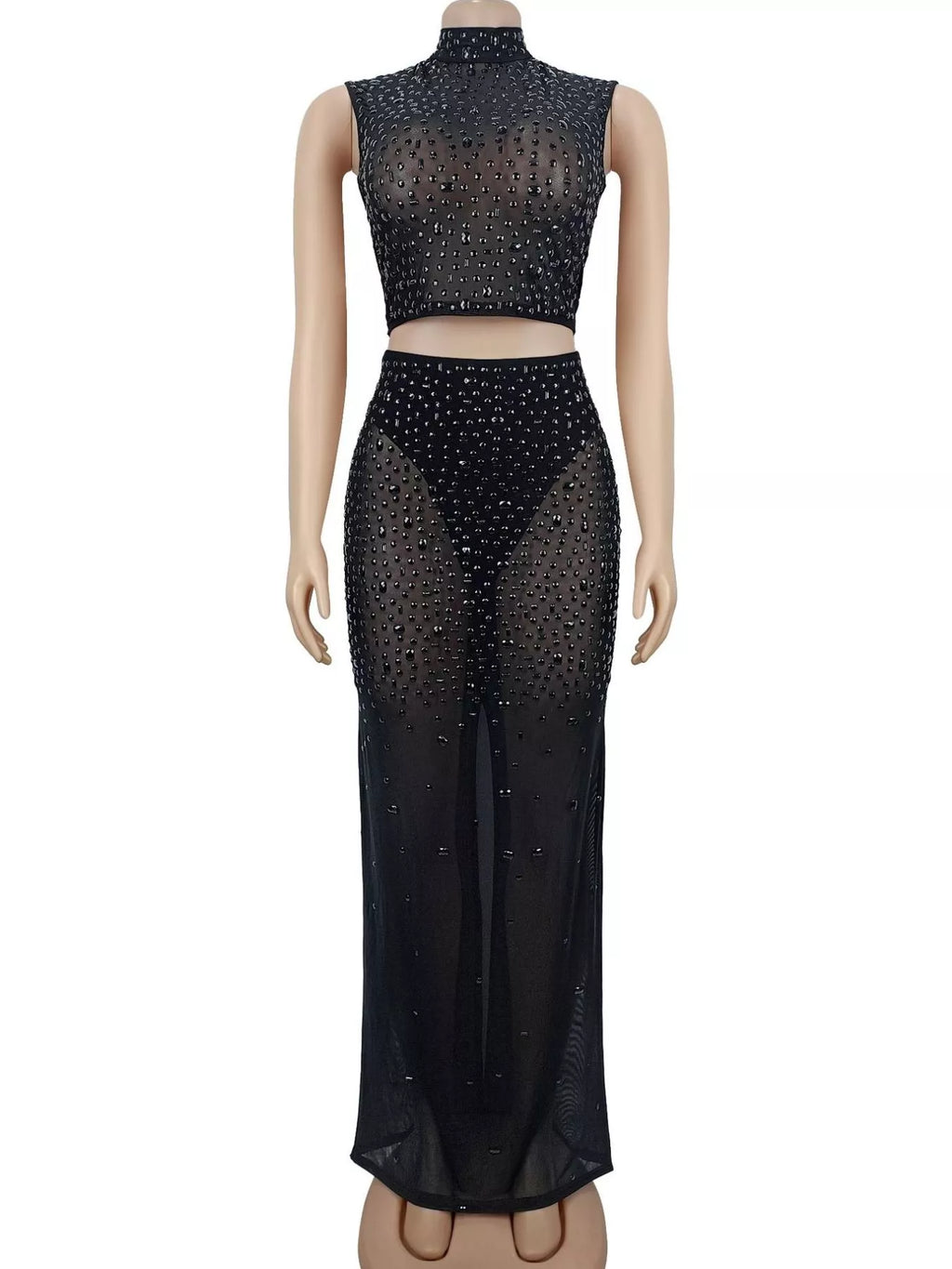 Rhinestone Sleeveless Top and Skirt Set