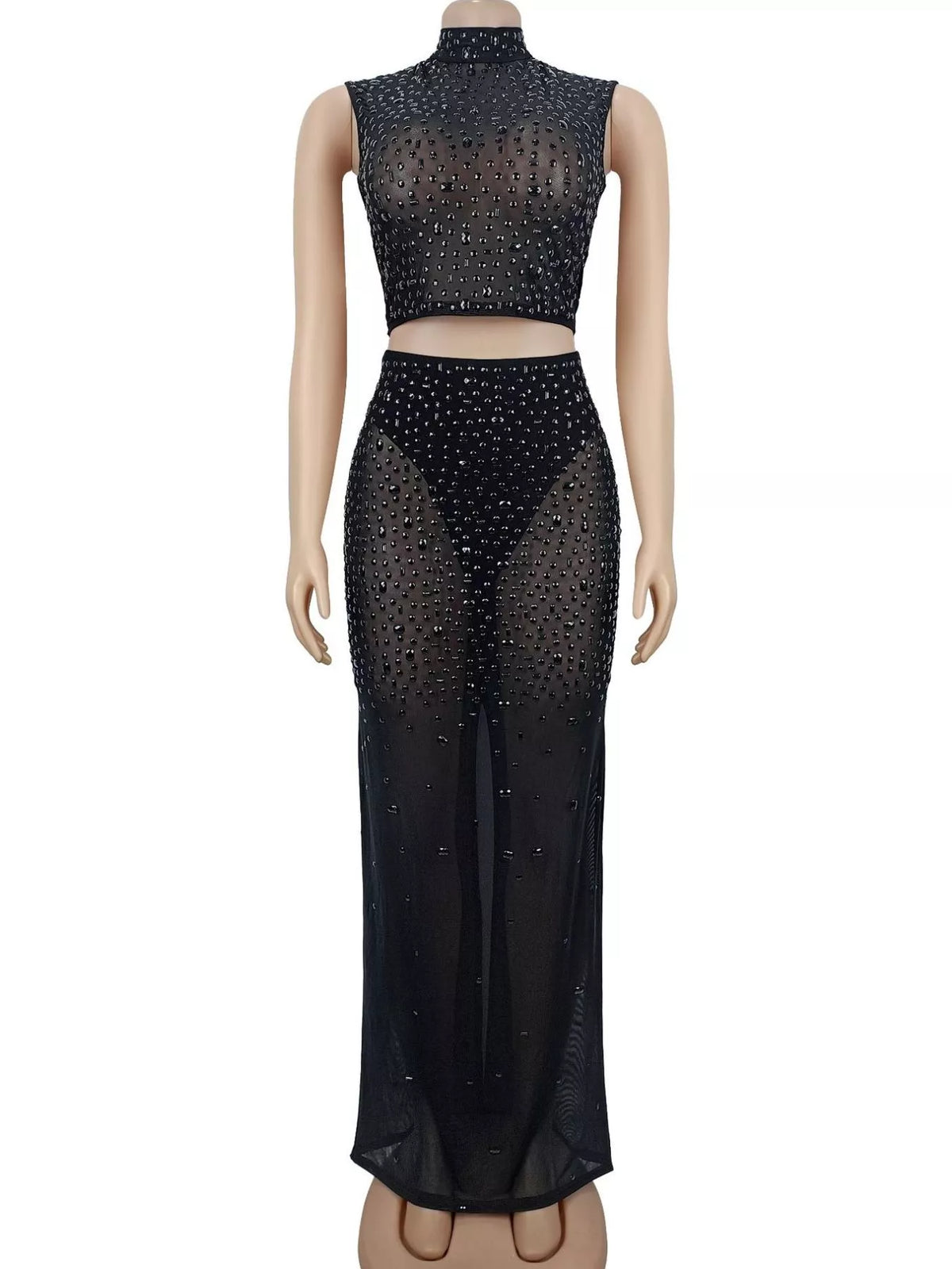 Rhinestone Sleeveless Top and Skirt Set