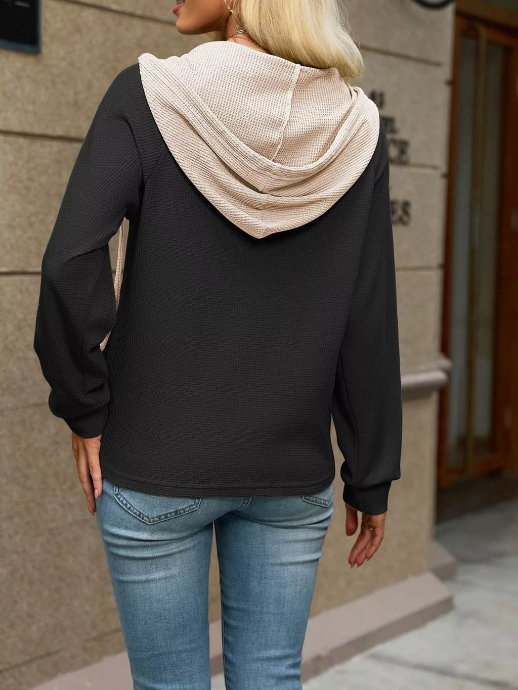 Waffle Knit Henley Hoodie with Contrast Trim