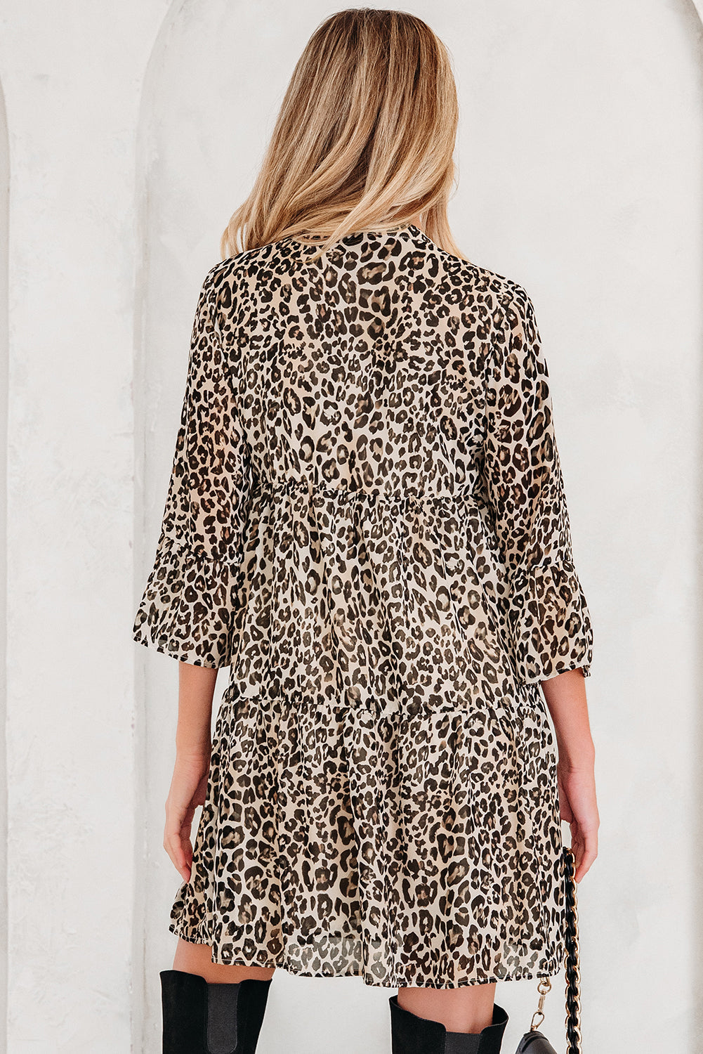 Leopard 3/4 Sleeve V-Neck Dress