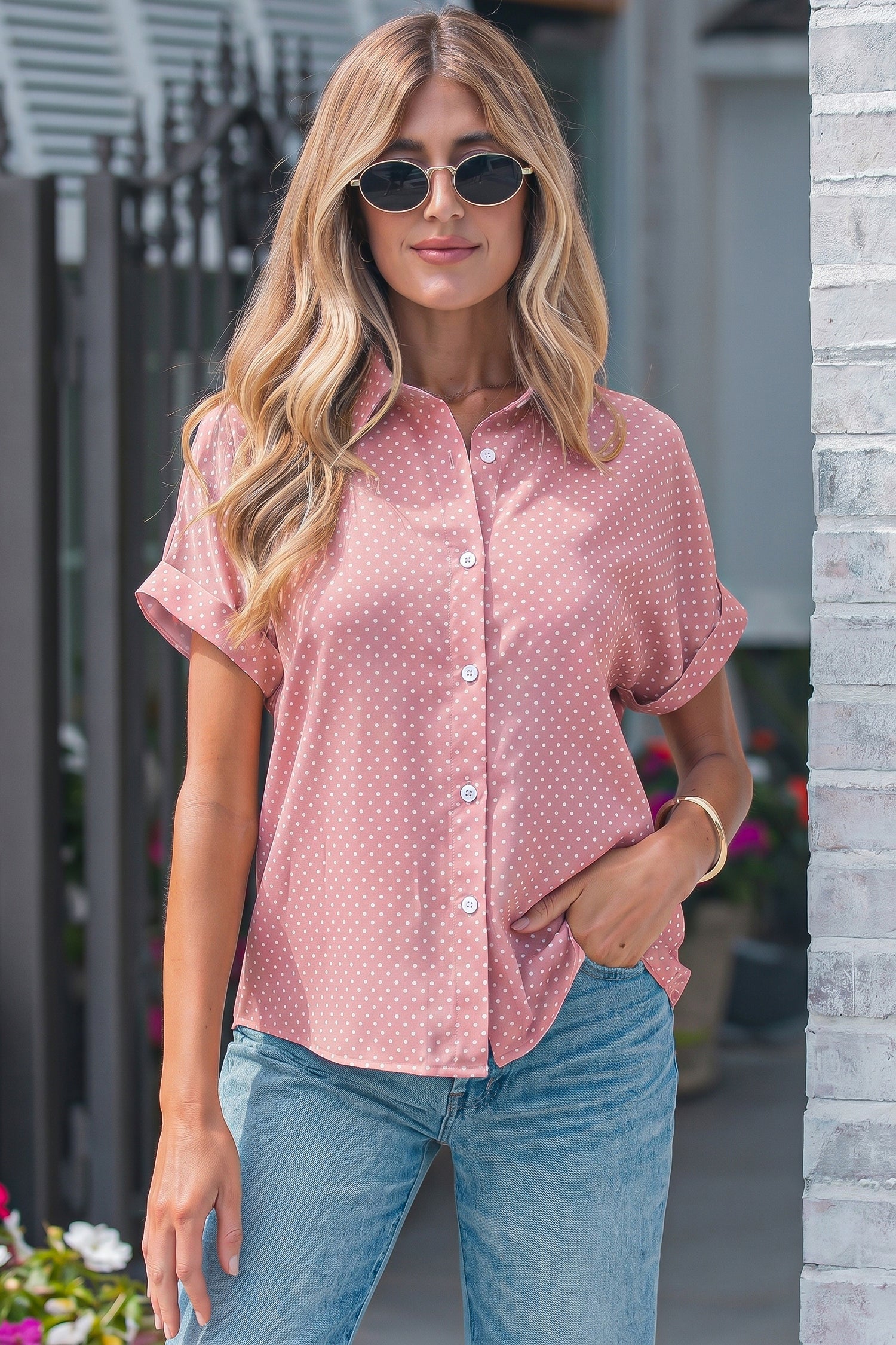 Pink Dotted Print Cuffed Short Sleeve Shirt