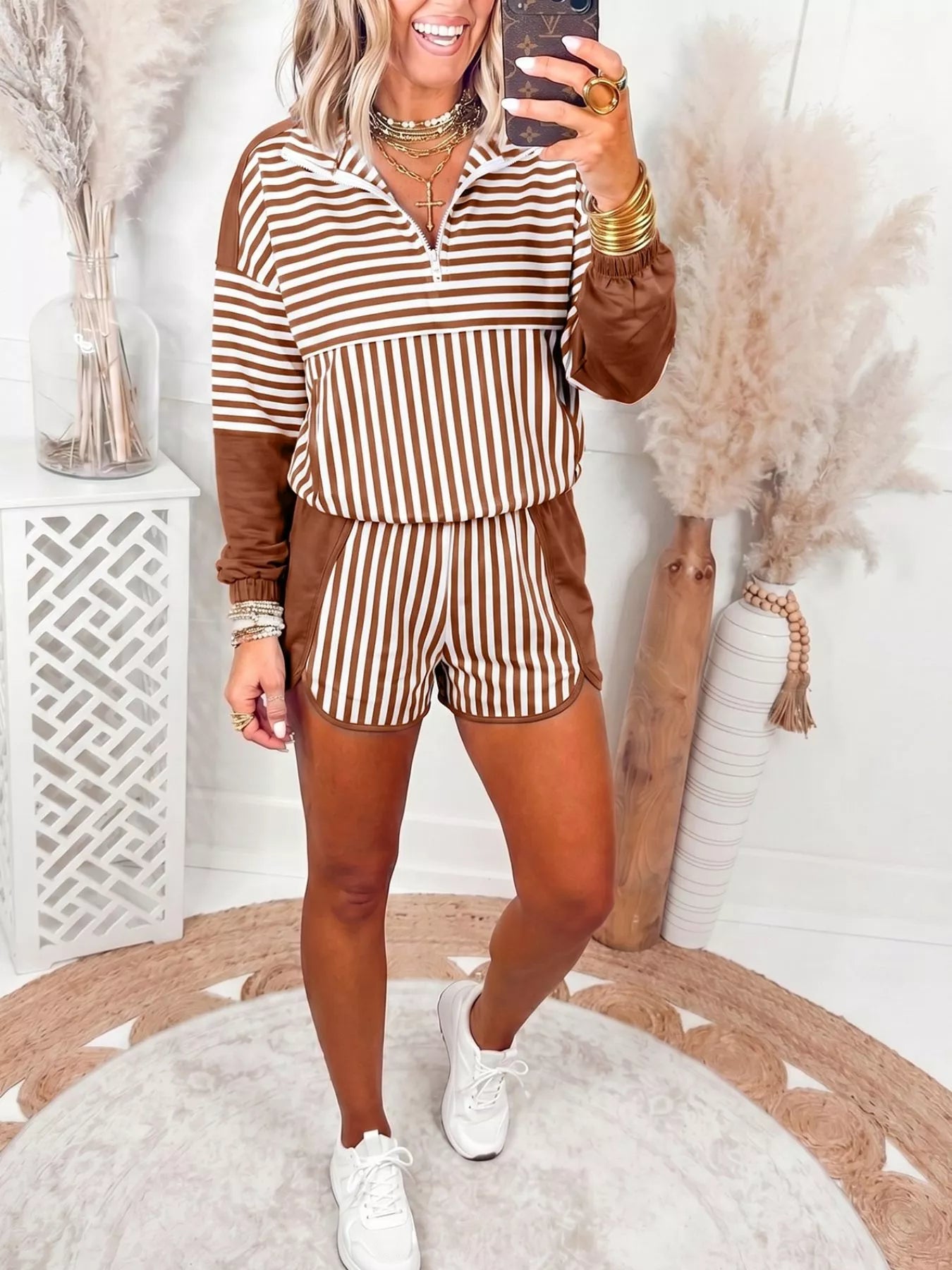 Stripe Color Block Patchwork Quarter Zip Pullover Sporty Shorts Set