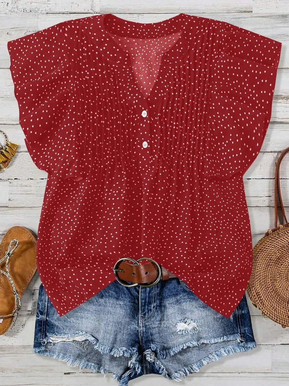 Polka Dot Notched Ruffled Cap Sleeve Blouse