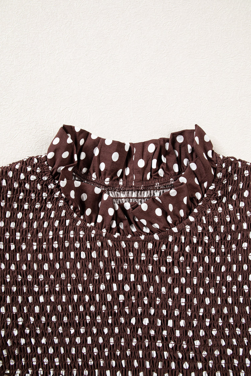 Brown Polka Dot Ruffled High Neck Shirred Ruffle Hem Blouse