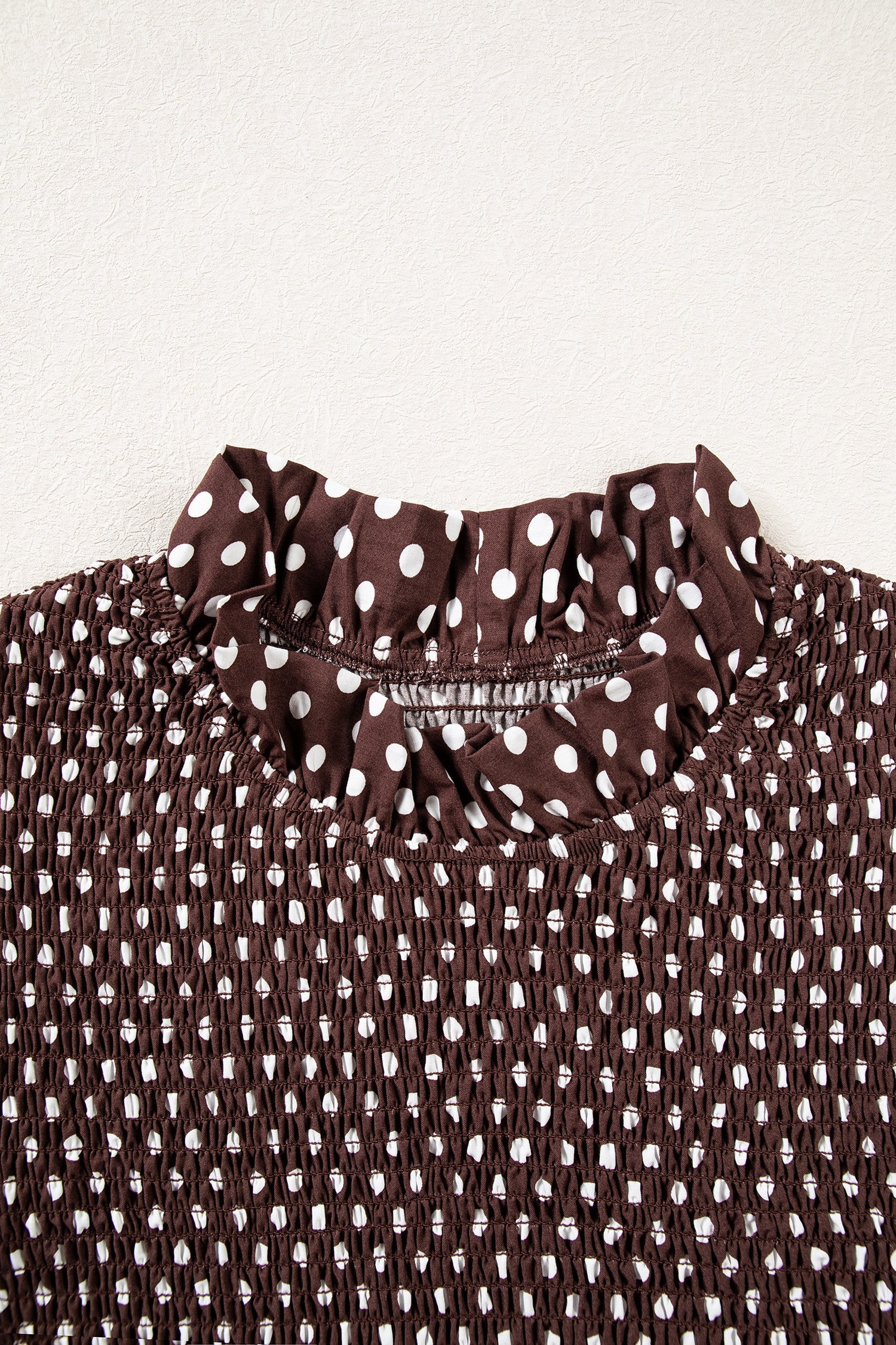 Brown Polka Dot Ruffled High Neck Shirred Ruffle Hem Blouse