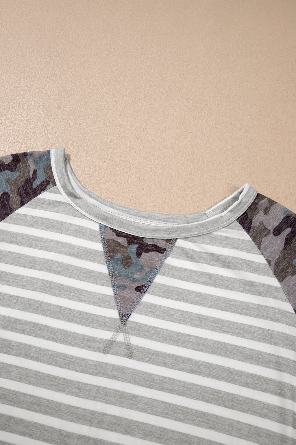 Gray Stripe Camo Sleeve Striped Colorblock Round Neck Long Sleeve Plus Size Blouse
