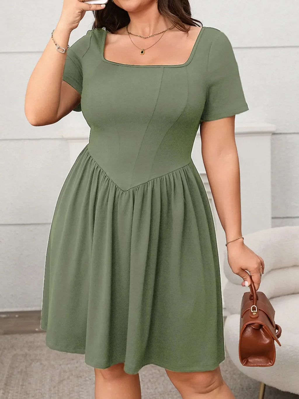 Square Neck Short Sleeve Mini Dress