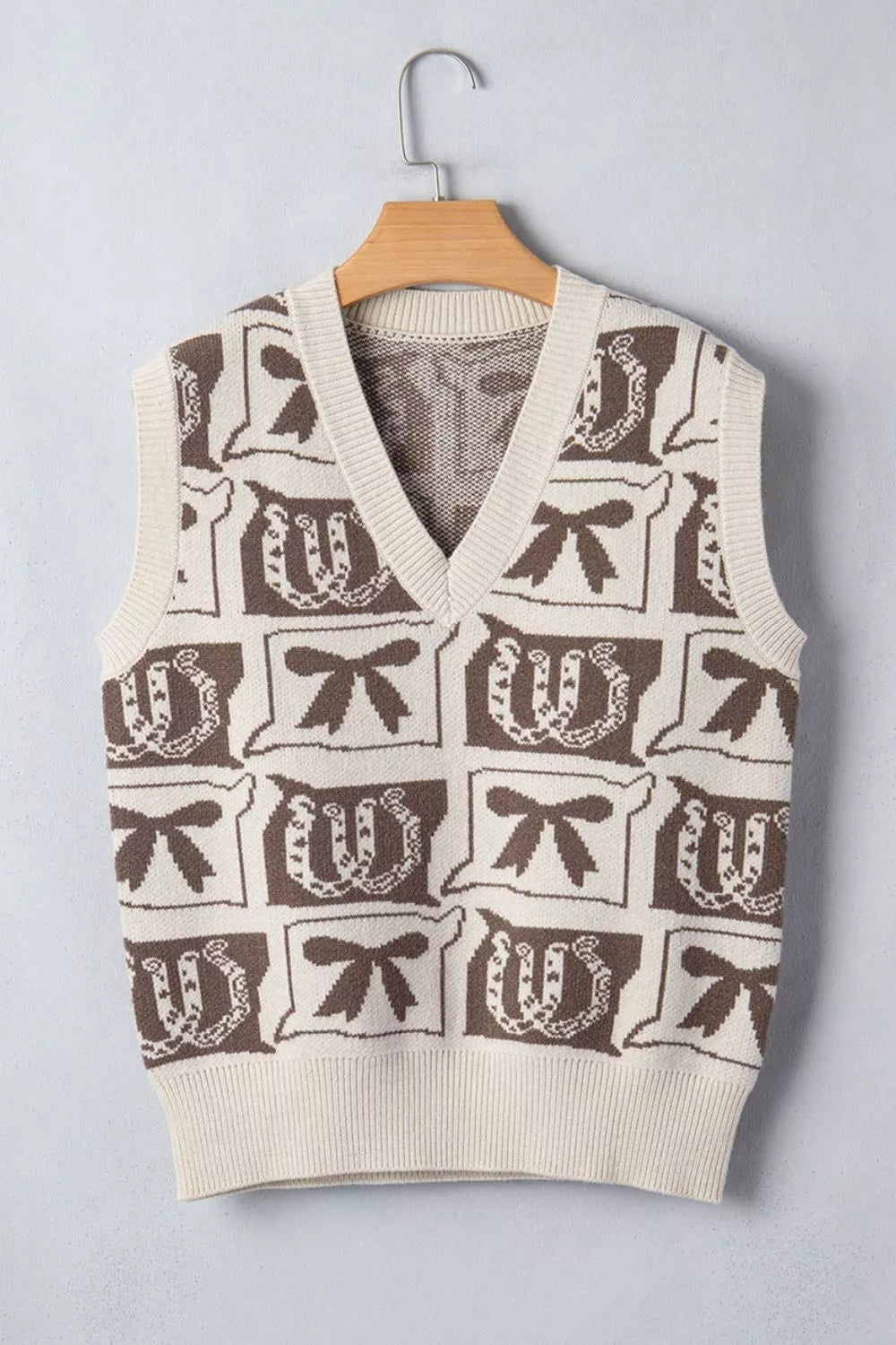 Western Horseshoe Bow Pattern Button Front Sleeveless Knit Sweater
