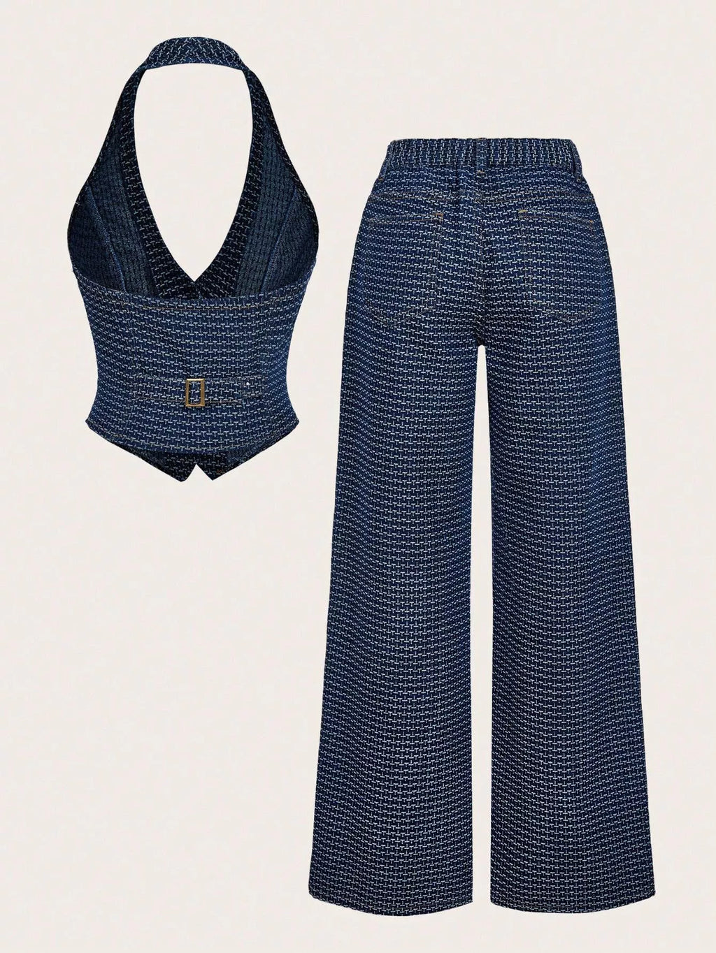 Halter Neck Denim Vest and Wide-Leg Jeans Set