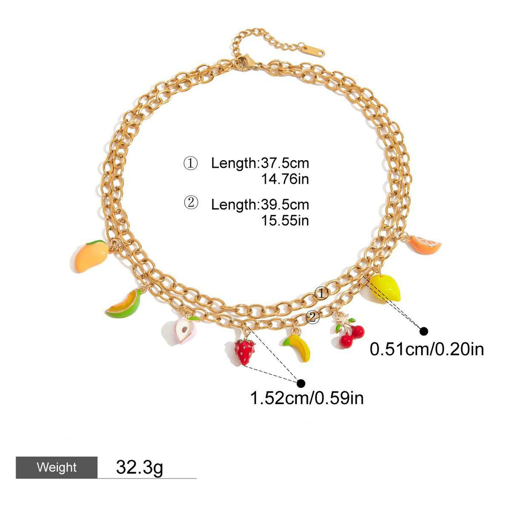 18K gold thick chain with fruit-shaped pendant design trendy and unique necklace, bracelet and earrings set