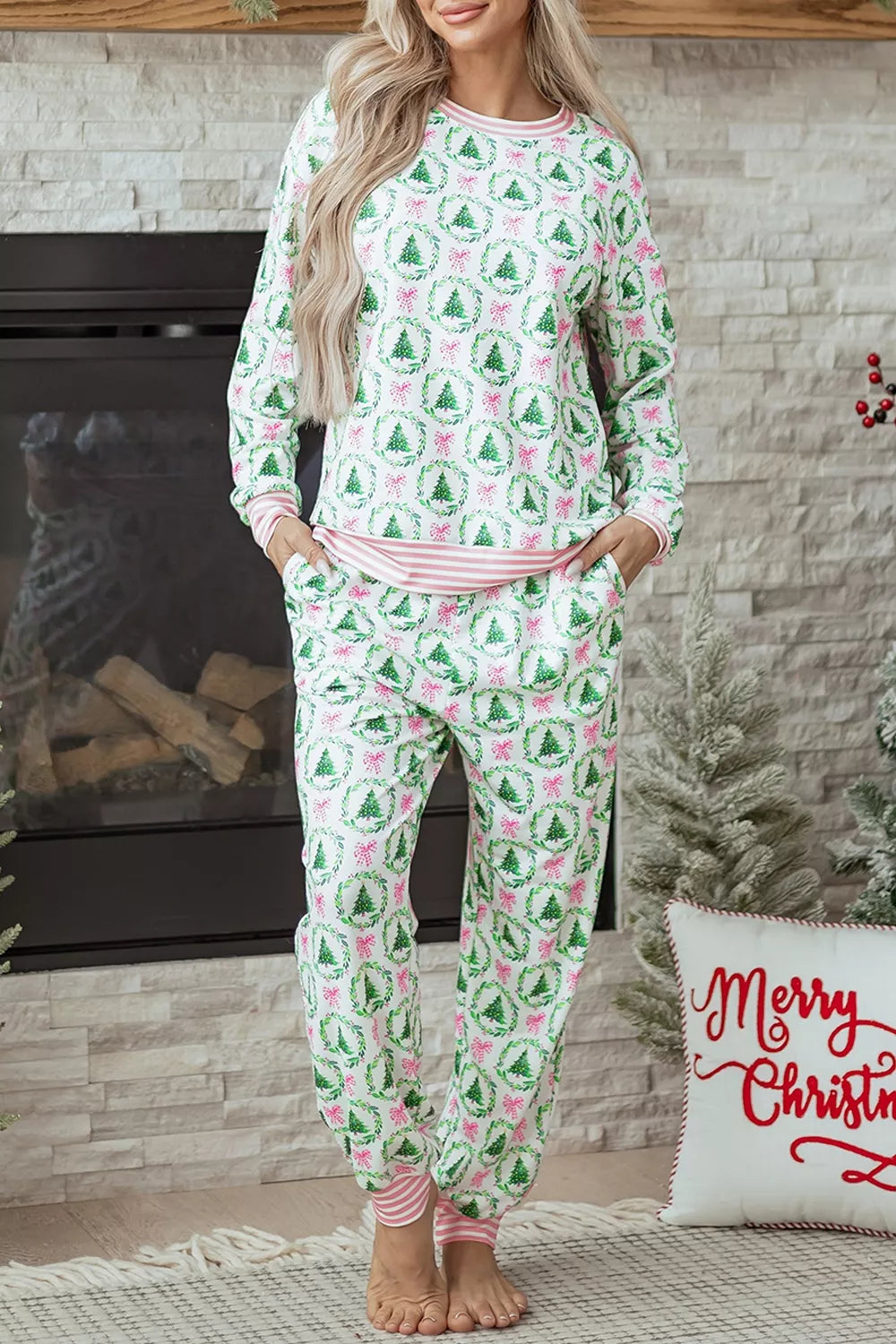 Christmas Tree Print Contrast Striped Banding 2pcs Lounge Set