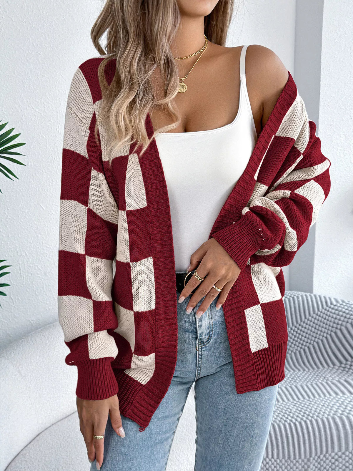 Checkerboard Pattern Open Front Knit Cardigan